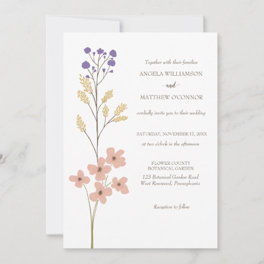 Dusty Paars, Peach Simple Floral Wedding Kaart (Voorkant)