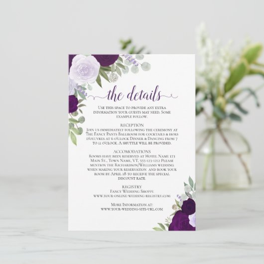 Dusty Paars & Plum Rozen Rustic Wedding Details Informatiekaartje (Staand voorkant)