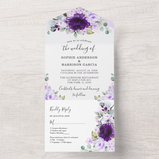 Dusty Paars Roos Lila bloemen Rustic Wedding All All In One Uitnodiging (Binnen)