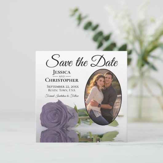 Dusty Paars Roos op White Oval Photo Chic Wedding Save The Date (Staand voorkant)