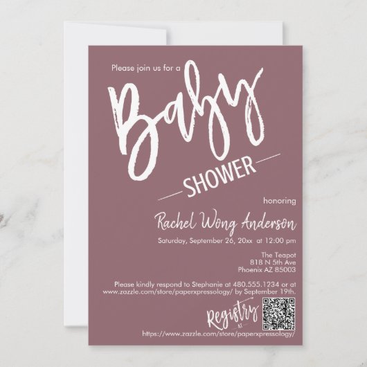 Dusty Paars Script Baby shower QR Code Foto Kaart (Voorkant)