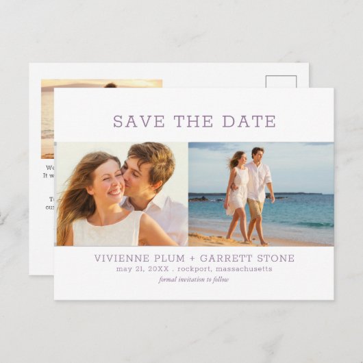 Dusty Paars Text 3 Foto Weddenschap Save the Date Aankondigingskaart (Voorkant / Achterkant)