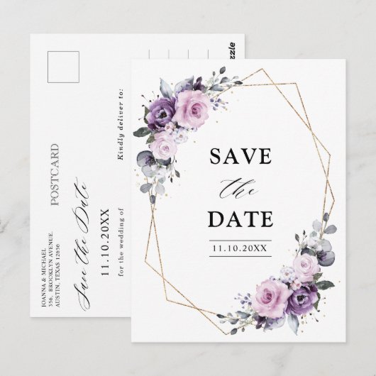 Dusty Paarse Blooms Geometric Save the Date Briefkaart (Voorkant / Achterkant)