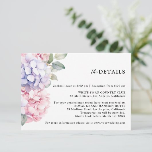 Dusty Paarse & Blush Roze Hydrangea Wedding Detail Informatiekaartje (Staand voorkant)