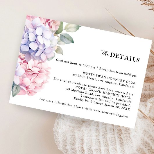 Dusty Paarse & Blush Roze Hydrangea Wedding Detail Informatiekaartje