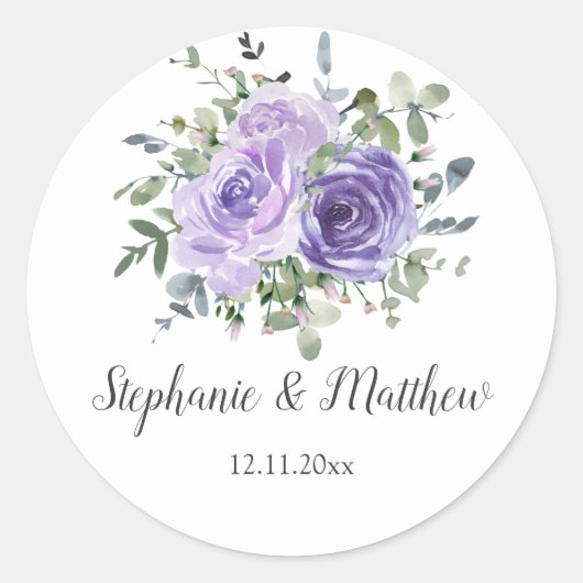 Dusty Paarse Eucalyptus Botanical Floral Wedding Ronde Sticker (Voorkant)