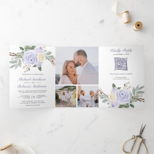 Dusty Paarse Floral in één QR-code bruiloft Drieluik Uitnodiging (Binnen)