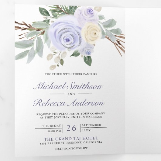 Dusty Paarse Floral in één QR-code bruiloft Drieluik Uitnodiging (Binnenzijde eerst)