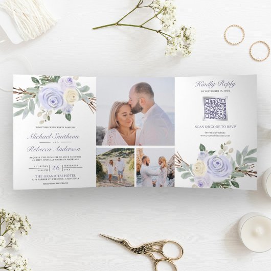 Dusty Paarse Floral in één QR-code bruiloft Drieluik Uitnodiging