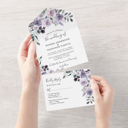 Dusty Paarse Floral Lila Flowers Rustic Wedding A All In One Uitnodiging (Afscheurbaar)