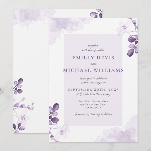 Dusty Paarse Floral Rustic Wedding Invitation Kaart (Voorkant / Achterkant)