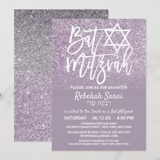 Dusty Paarse Grey Faux Glitter Ombre Bat Mitzvah Kaart (Voorkant / Achterkant)