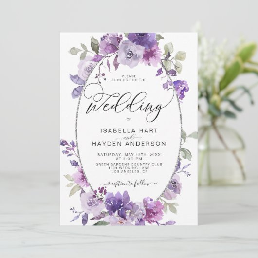 Dusty Paarse Lila MauveFloral Silver Foil Wedding Kaart (Staand voorkant)