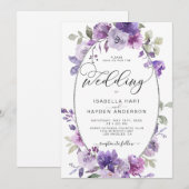 Dusty Paarse Lila MauveFloral Silver Foil Wedding Kaart (Voorkant / Achterkant)