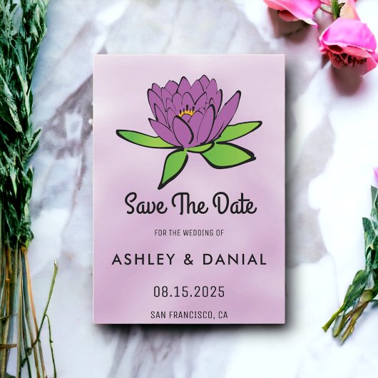 Dusty paarse lotus floral Wedding Save the Date Kaart