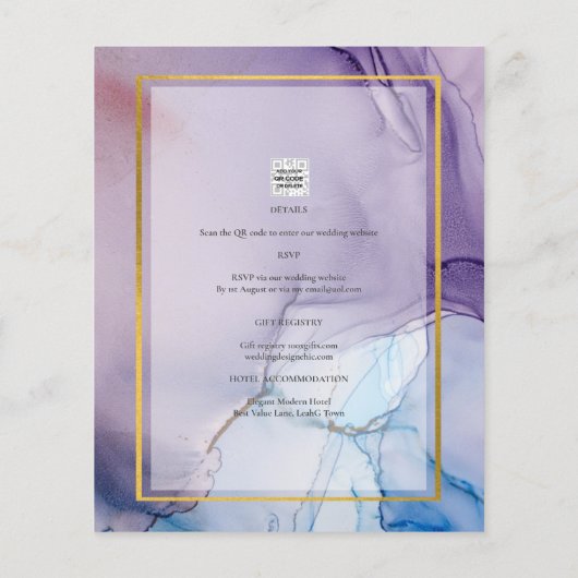 Dusty Paarse marine Blue Gold INK Wedding INVITE (Achterkant)