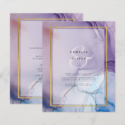 Dusty Paarse marine Blue Gold INK Wedding INVITE (Voorkant / Achterkant)
