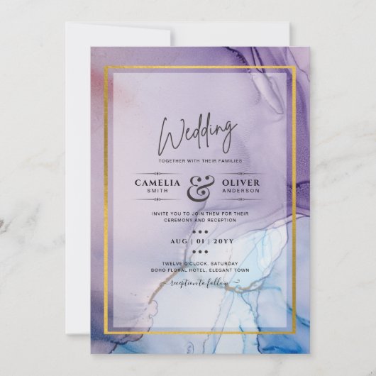 Dusty Paarse marine Blue Gold INK Wedding INVITE Kaart (Voorkant)