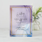 Dusty Paarse marine Blue Gold INK Wedding INVITE Kaart (Staand voorkant)