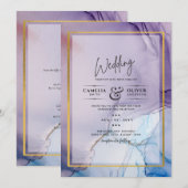 Dusty Paarse marine Blue Gold INK Wedding INVITE Kaart (Voorkant / Achterkant)