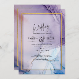 Dusty Paarse marine Blue Gold INK Wedding INVITE Kaart