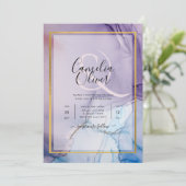 Dusty Paarse marine Blue Gold INK Wedding INVITE Kaart (Staand voorkant)
