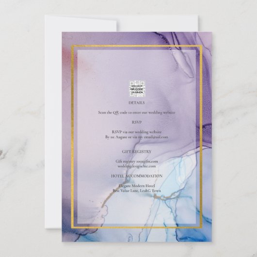 Dusty Paarse marine Blue Gold INK Wedding INVITE Kaart (Achterkant)