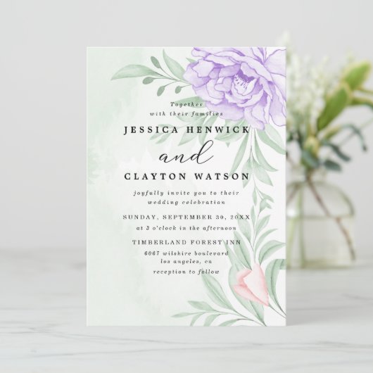 Dusty Paarse Peony Roos Greenery Leaves Wedding Kaart (Staand voorkant)