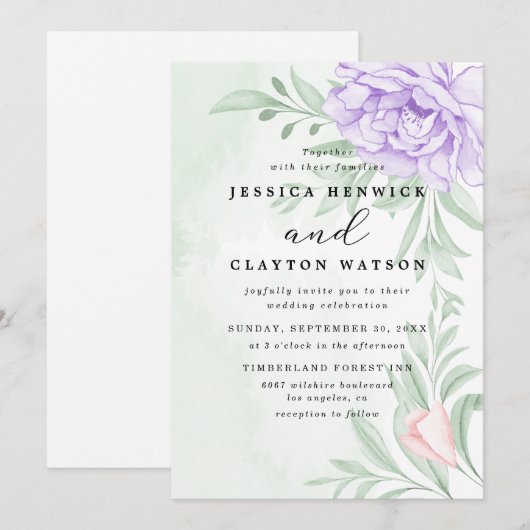 Dusty Paarse Peony Roos Greenery Leaves Wedding Kaart (Voorkant / Achterkant)