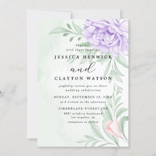 Dusty Paarse Peony Roos Greenery Leaves Wedding Kaart