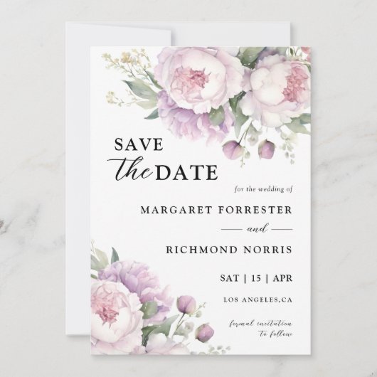Dusty Paarse pioen elegante bruiloft save the date Kaart (Voorkant)
