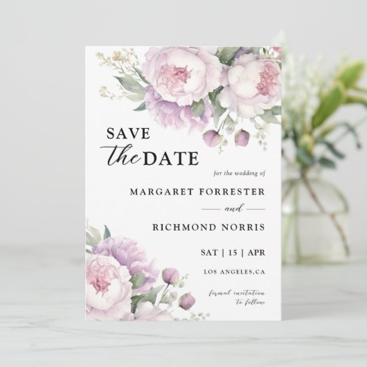 Dusty Paarse pioen elegante bruiloft save the date Kaart (Staand voorkant)