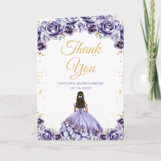 Dusty Paarse Princess Floral Quinceañera Bedankkaart (Voorkant)