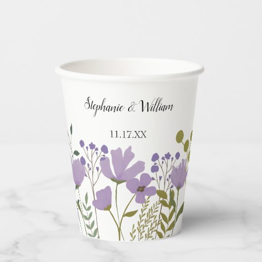 Dusty Paarse Spring Floral Wedding Personalized Papieren Bekers (Voorkant)