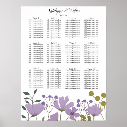 Dusty Paarse Spring Floral Wedding Seating Chart Poster (Voorkant)