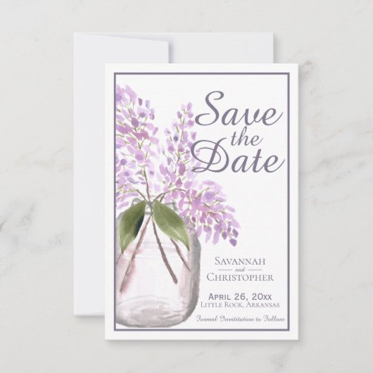 Dusty Paarse Waterverf Jar of Lilacs Wedding Save The Date (Voorkant)
