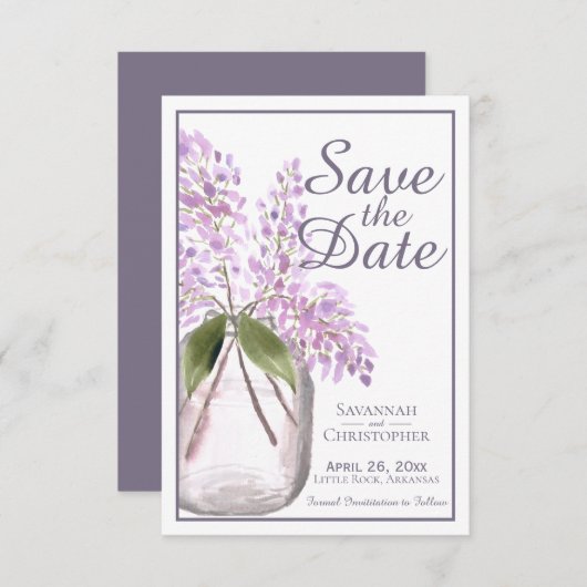 Dusty Paarse Waterverf Jar of Lilacs Wedding Save The Date (Voorkant / Achterkant)