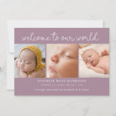 Dusty Paarse Welkom Foto Collage Geboorte Aankondiging (Voorkant)