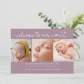 Dusty Paarse Welkom Foto Collage Geboorte Aankondiging (Staand voorkant)