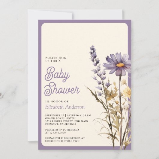Dusty Paarse Wildflower Foto QR Code Baby shower Kaart (Voorkant)