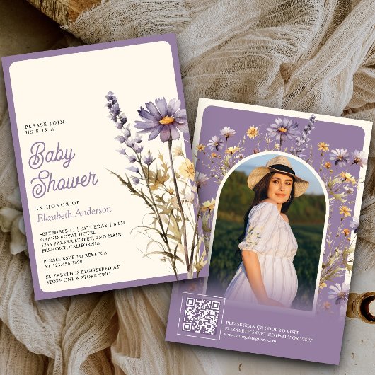 Dusty Paarse Wildflower Foto QR Code Baby shower Kaart