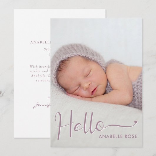 Dusty Paarsste Hallo Baby Foto Geboorteaankondigin Aankondiging (Voorkant / Achterkant)