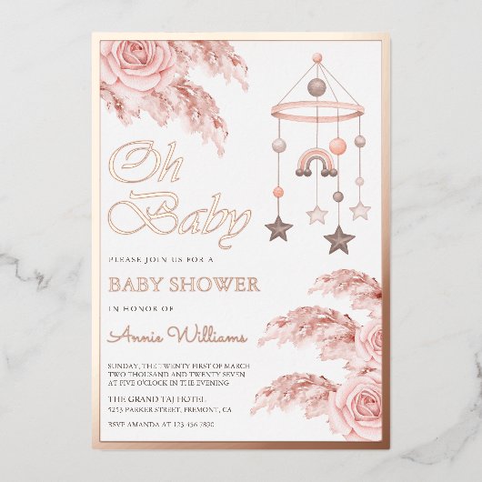 Dusty Pampas Boho Rainbow Baby shower Roos Gold Folie Uitnodiging (Voorkant)