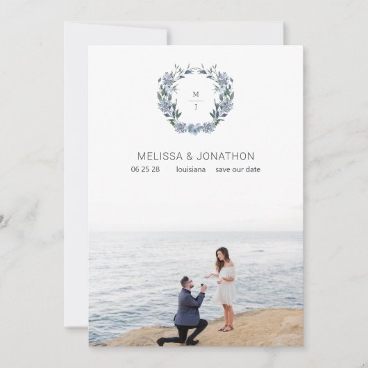 Dusty Pastel Blauwe Bloemen Bruid Save The Date (Voorkant)
