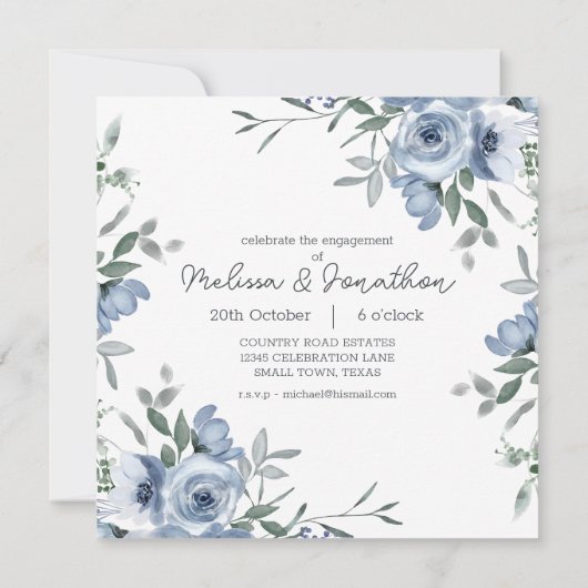 Dusty Pastel Blauwe Bloemen Foto Verlovingsfeest (Achterkant)