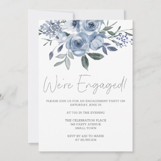 Dusty Pastel Blauwe Bloemen Verlovingsfeest Kaart (Voorkant)