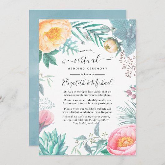 Dusty Pastel Tropical Floral Virtual Wedding Kaart (Voorkant / Achterkant)