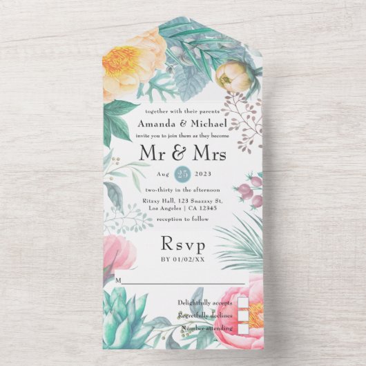 Dusty Pastel Tropical Floral Wedding All In One Uitnodiging (Binnen)