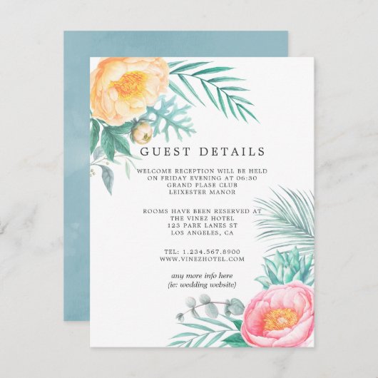 Dusty Pastel Tropische Bloemen Bruiloft Gast Detai Informatiekaartje (Voorkant / Achterkant)