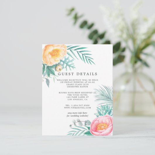 Dusty Pastel Tropische Bloemen Bruiloft Gast Detai Informatiekaartje (Staand voorkant)